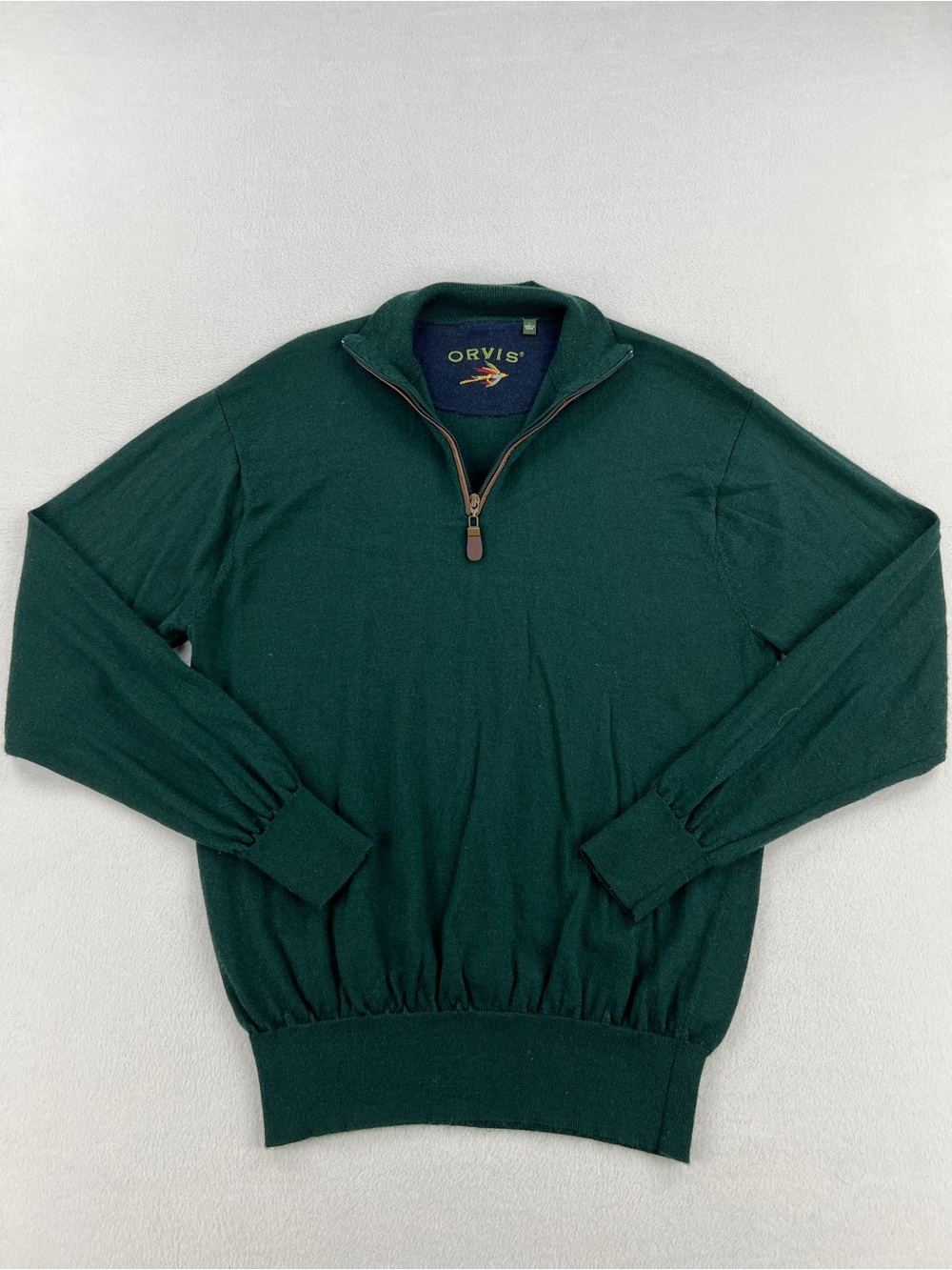 Orvis Mens 100% Merino Wool 1/4 Zip Green Pullover Sweater Lightweight Size L